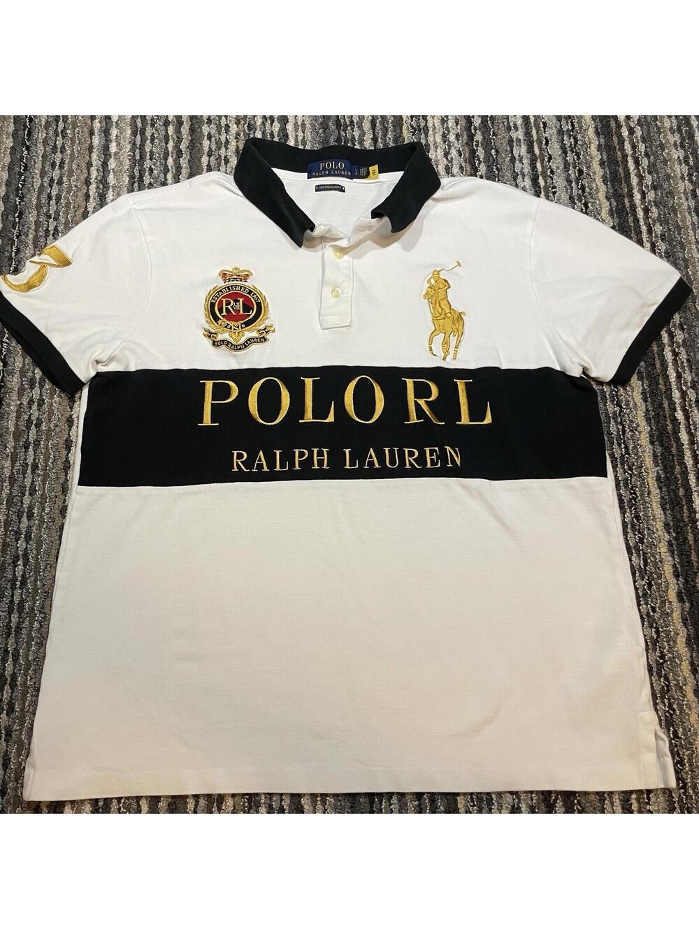 Ralph Lauren Polo Shirt Large Black White Gold Big Pony Rugby Crest Spellout